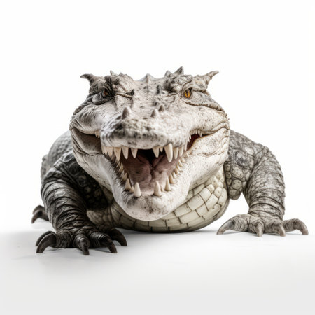 an alligator with black teeth is captured in this national geographic photo. the minimal retouching style highlights the explosive pigmentation of the alligator's teeth. set against a white background, the photo showcases the playful character of the alligator. the use of vray and photo-realistic techniques enhances the overall visual impact of the image. ai generatedの素材