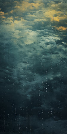 a mesmerizing digital artwork capturing the essence of a tidal wave amidst cloudy skies and rain. this conceptual piece showcases a poetic and atmospheric style, blending dark white and dark aquamarine tones. the image features intricate details of water drops, along with atmospheric installations, creating a post-apocalyptic ambiance within the dreamlike landscapes. ai generatedの素材
