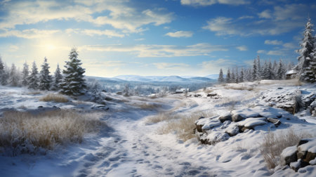 a snowy landscape is depicted in this 3d winter desktop wallpaper stock photo. the image is inspired by the artistic styles of heywood hardy, akos major, and scottish landscapes. it has been digitally enhanced to create a romanticized depiction of the wilderness. the use of fujifilm velvia adds vibrancy to the scene. this photo was commissioned for a specific purpose. ai generatedの素材
