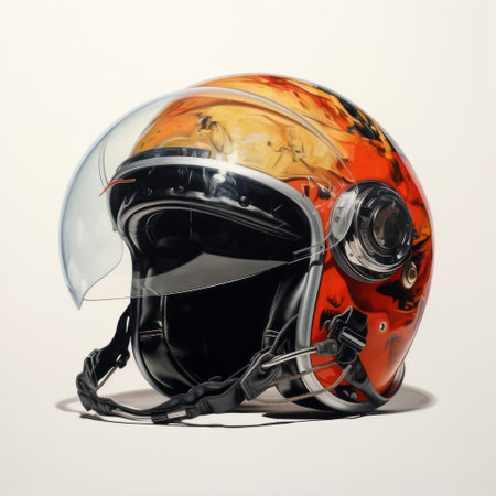a joel harrison motorcycle helmet print, featuring a hyperrealistic style of painting. the print showcases a striking combination of dark orange and light black colors, created using oil on panel. the perspective is unique, resembling a blown-off-roof view. the print also includes realistic bird paintings, editorial illustrations, and stunningly detailed watercolor paintings. ai generatedの素材