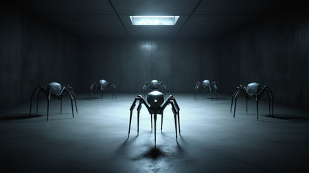 spider with a spotlight isolated on white in a dark room. this 3d artwork, inspired by futuristic robots, showcases a hall of mirrors and depicts trapped emotions. created by nadav kander, this piece belongs to the group zero collection and features elongated figures against a cyclorama backdrop. ai generatedの素材
