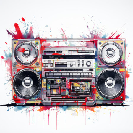 a red boombox with splatters is depicted in this vector graphic image. the boombox is showcased against a white background, giving it a clean and modern look. the style of the image resembles realistic watercolor paintings, with a touch of graffiti-inspired assemblage. this unique artwork draws inspiration from the quito school and mixed media installations. it has a retro-style aesthetic, reminiscent of the fujifilm eternaの素材