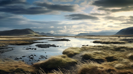 a stunning photo of a desert lake with a majestic mountain backdrop, reminiscent of scottish landscapes. this national geographic-style image captures the atmospheric ambiance and lively coastal landscapes. the dutch landscapes influence is evident in the contrasting light, showcasing a sensitivity to the natural world. ai generatedの素材