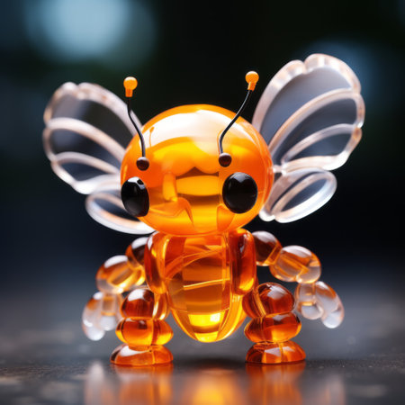 a photo of a unique and vibrant bee sculpture by teddy raye. this crystal clear 9-piece mini series, rendered in cinema4d, showcases inventive character designs. the image features a shallow depth of field, highlighting the orange and amber tones. inspired by artists noriyoshi ohrai and francis picabia, this artwork combines creativity with the use of rtx technology. ai generatedの素材