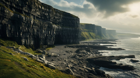 a cliff on the coast, rendered in unreal engine, showcases hyper-detailed and realistic visuals. this mallgoth-inspired uhd image captures the essence of caninecore with its greeble elements. the contrasting colors of light yellow and dark green add depth and intrigue to this stunning landscape. ai generatedの素材