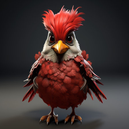 a quirky cartoonish illustration of a cg red cardinal with a red beak and red hair, rendered in the style of unreal engine. the cardinal stands amidst spiky mounds, showcasing inventive character designs. this hyper-realistic animal illustration draws inspiration from the works of frank frazetta, resulting in a pseudo-realistic portrayal. ai generatedの素材