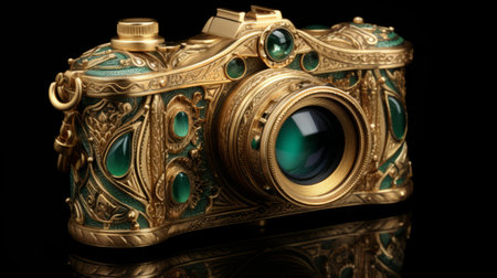 an antique gold and precious metal camera, inspired by the medieval era, is showcased on a sleek black surface. this camera, reminiscent of the styles of artists such as emerald, kehinde wiley, and myroslava sviridova, captures impressive panoramas with its exquisite craftsmanship. with a touch of carl gustav carus's influence and gemstone-like allure, this camera is a true masterpiece. ai generatedの素材