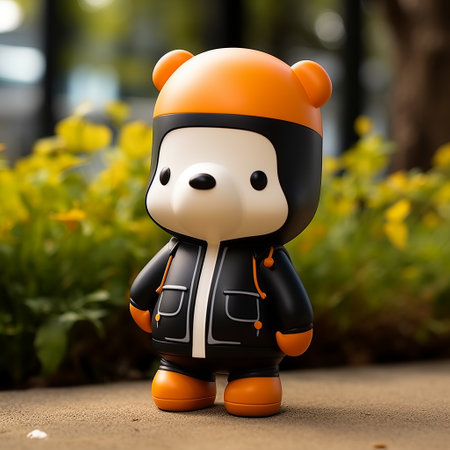 toy bear doll in an orange hat and jacket rests on the ground amidst lush plants. this captivating photo showcases a bold black and white style, reminiscent of gadgetpunk and hallyu influences. the streamlined design of the doll, combined with the dark and foreboding colors, creates a visually striking image. the clear edge definition and rounded features add to its overall charm. ai generatedの素材