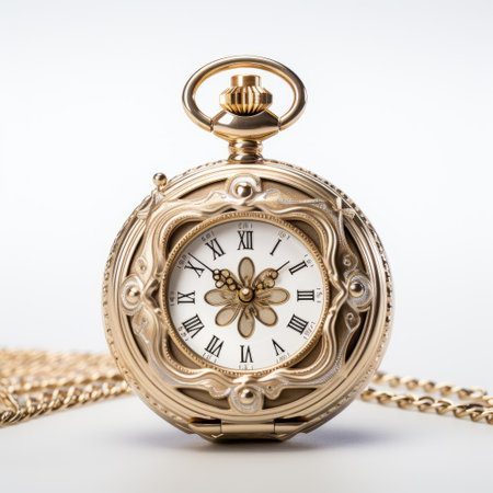 a gold timepiece, with an elegant design, is showcased on a chain. this stunning piece is captured using the focus stacking technique, highlighting its intricate art nouveau decorative elements. with an iso of 200, the photograph beautifully captures the essence of this vintage-inspired accessory. it is reminiscent of online culture artifacts, such as tumblewave, and evokes a sense of nostalgia reminiscent of the work ofの素材