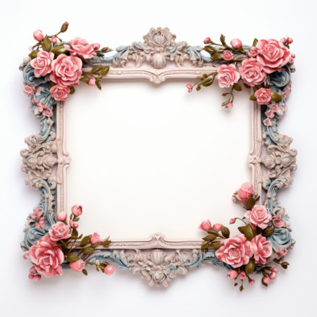 vintage frame with flowers on the wall, featuring hyper-realistic sculptures. the frame showcases a delicate combination of light pink and blue hues, adorned with intricate embellishments. against a white background, eccentric props add a touch of uniqueness. the photorealistic detail and meticulous attention to detail make this piece truly captivating. ai generatedの素材