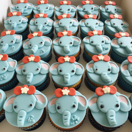 an adorable elephant cupcake designed for a girl, featuring blue elephant headbands. the cupcake showcases precise detailing with a combination of light red and cyan colors. this high-resolution image in 8k resolution captures the majestic elephants with elaborate detail. the lively facial expressions of the elephants add a touch of charm to this delightful treat. ai generatedの素材