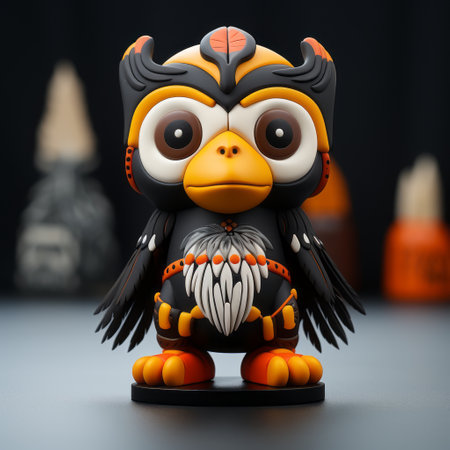 black owl with red beak, resembling an adorable toy sculpture, depicted in a 4d illustration. the owl showcases a unique yokai-inspired design, featuring a combination of dark orange and white colors. created using zbrush, this artwork pays homage to indigenous culture and was commissioned for the konica big mini project. ai generatedの素材
