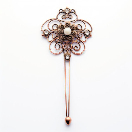 a small, white and silver pin made in the style of wrought iron. this historical illustration showcases the use of precious materials such as light pink and bronze. the pin exhibits intricate minimalism and is set against a white background, highlighting its crystalcore. ai generatedの素材