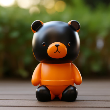a small fabric bear with a glossy finish sits on a wooden base. this kawaii aesthetic bear, in dark orange and light black, features bold black lines and a bokeh effect. created using zbrush, this 32k uhd photo captures the adorable charm of the bear's design. ai generatedの素材