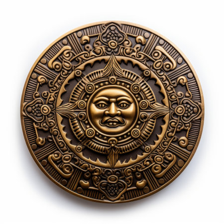 an ancient aztec bronze sun disk with a unique twist of steampunk-inspired design. this intricate piece showcases detailed facial features and incorporates elements of rubn maya and puzzle-like designs. adorned with luxurious wall hangings, this meticulously crafted artifact is reminiscent of the olympus xa camera. ai generatedの素材
