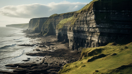 a photo of the ocean with green cliffs and a grassy landscape, reminiscent of traditional british landscapes. captured using a zeiss batis 18mm f2.8 lens, the image showcases the beauty of the earthworks and has undergone post-processing to enhance its creased, high-resolution, and romanticized views. ai generatedの素材