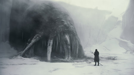a photo of a sabertooth tiger in the frozen ocelot forest, captured by john kerr. the image showcases layered and atmospheric landscapes, experimental cinematography, monolithic structures, and a gigantic scale. the dark and foreboding landscapes are enhanced by gelatinous forms, creating a sense of mystery and intrigue in this havencore-inspired composition. ai generatedの素材