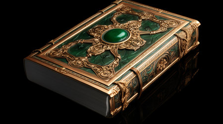 the legend of the book is showcased against a captivating black backdrop, highlighting its emerald and bronze design. with exquisite craftsmanship and polished metamorphosis, this piece embodies the essence of romanesque art. captured through tabletop photography and enhanced with zbrush, its beauty is truly mesmerizing. ai generatedの素材