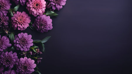 purple flowers in a row against a black background, a stock photo with vintage aesthetics. the dark pink and dark emerald hues create a sophisticated palette, complemented by shades of dark navy and violet. the matte finish adds to the overall vintage feel, reminiscent of baroque-inspired still lifes. a minimalistic composition that captures the beauty of these flowers. ai generatedの素材
