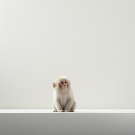 a little monkey sits on a ledge in this 3d rendering. the white background adds to the subtle minimalism of the image, reminiscent of national geographic photography. shot in the style of fujifilm acros, the minimalist backgrounds and orderly symmetry enhance the depiction of animals. the sparse use of color further adds to the overall aesthetic. ai generatedの素材