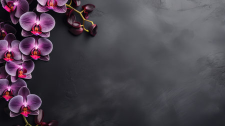 a stunning arrangement of lavender-colored roses and orchids beautifully contrast against a sleek black background. the purple flowers create a captivating smudge effect, reminiscent of polished concrete. the innovative page design showcases elaborate fruit arrangements with a touch of zen minimalism. the dark black and gray tones enhance the eye-catching detail of the irregular shapes. ai generatedの素材