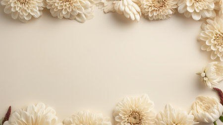 a large white frame of flowers on a canvas background, resembling delicate sculptures. the soft focal points and focus stacking technique enhance the intricate details. the earth tone color palette adds a touch of elegance. created by artist marguerite blasingame, this artwork showcases the use of paper and incorporates baroque ornamental details. ai generatedの素材