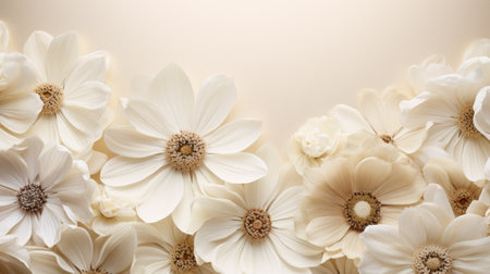 white daisies, in a soft tonal transition style, bloom on a beige background with a flower shape. this high-resolution photo showcases the timeless elegance of rococo interiors. the diverse color palette, enhanced by softbox lighting, creates dynamic color combinations. ai generatedの素材