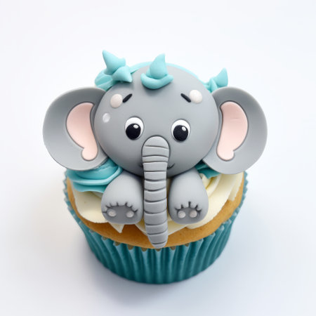 a grey elephant-shaped cupcake with blue and white icing, inspired by the high detailed style of david nordahl. the cupcake features light teal and light red icing, with sharp attention to detail. the background is dark teal, complementing the light yellow accents on the cupcake. iso 200 was used to capture the intricate details. ai generatedの素材