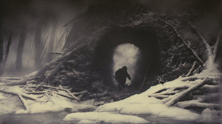 a hole covered in snow, captured in the style of tintype photography, showcases the essence of adventure pulp. the image is enhanced by realistic chiaroscuro lighting, creating a mysterious atmosphere. mist adds an ethereal touch to the sublime wilderness, while the use of a soviet lens adds a unique vintage feel. the photo is presented in stunning 8k resolution, capturing every intricate detail. ai generatedの素材