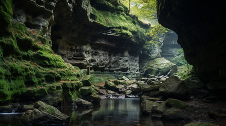 a tranquil water flow inside a cave, reminiscent of dutch landscapes, captures the essence of the dusseldorf school of photography. the scene is bathed in a soft, light black and green palette, evoking a sense of tranquility. this mesmerizing 32k uhd image showcases the beauty of nature, merging the elements of tranquil landscapes and the haunting aesthetics of midwest gothic. ai generatedの素材