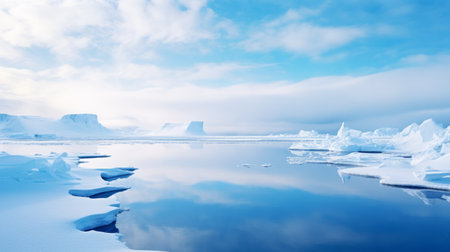 ice floes reflecting in a body of water create an ethereal seascape. the light sky-blue and light azure hues blend with hazy landscapes, resembling science-fiction lands. the atmosphere is filled with clouds, adding to the dreamlike quality. the dominant colors are white and blue, reminiscent of the explorations of mehl amundsen. ai generatedの素材