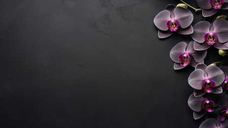 orchid flowers and leaves cast a shadow on a black table surface, creating a striking contrast. the innovative page design features a combination of light purple and dark gray, enhancing the minimalist imagery. the organic stone carvings add a touch of elegance to the industrial materials used. this 32k uhd photo captures functional aesthetics in a visually captivating way. ai generatedの素材