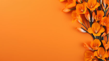 a bunch of vibrant orange orchids beautifully arranged on top of an orange fruit. this minimalist background showcases the delicate materials and bold color scheme of the composition. created using zbrush, the 32k uhd resolution enhances the eye-catching details of the monochromatic color scheme. ai generatedの素材
