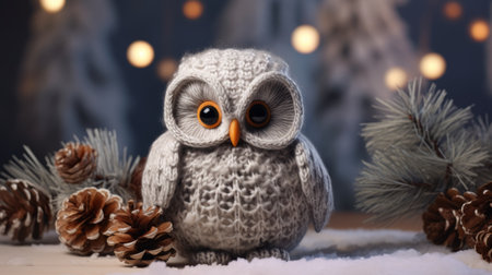 a little owl perched amidst pine trees and christmas lights, showcasing the unique style of code-based creations. this artwork pays meticulous attention to the texture of fur and feathers, with a gray color palette. captured in stunning 32k uhd resolution, the image features elements of knitted and crocheted designs, adding a touch of whimsy. the composition tells a narrative story with a quantumpunk twist. aiの素材