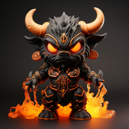an adorable cartoonish ogre figure from black iron lion, featuring intense lighting and shadow effects. the ogre is depicted with a burned and charred appearance, inspired by the artistic styles of artgerm, mark ryden, and ben wooten. the color scheme predominantly consists of vibrant orange and black tones. ai generatedの素材