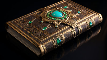 a photo of a book adorned with emeralds and other gems, set against a black background. the image captures the essence of medieval fantasy with its turquoise and bronze color scheme. the still life composition is photo-realistic, reminiscent of byzantine-style iconography. the book belongs to the classical, historical genre, featuring mythic-art nouveau elements that create a dreamlike fantasy atmosphere. ai generatedの素材