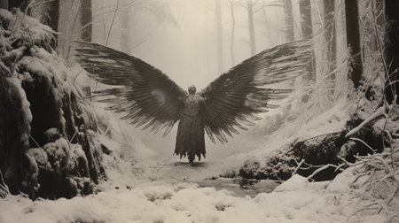 an angel walks on a snow-covered path, captured in a darkly fantastical style. this photograph showcases hyperrealistic wildlife portraits and detailed fantasy elements. the dark bronze and gray tones add depth to the composition, while the birds-eye-view perspective enhances the overall impact of this photography installation. ai generatedの素材
