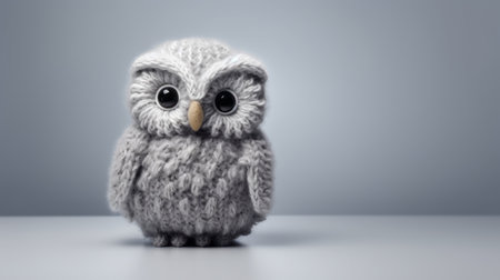 a small owl perched on a grey background, showcasing intricate knitted and crocheted details. the image, captured by john wilhelm, features soft edges and blurred elements, enhancing its artistic appeal. with an inventive character design and selective focus, this monochromatic masterpiece is presented in stunning 8k resolution. ai generatedの素材
