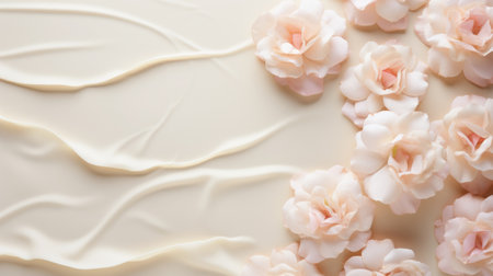 a pink flower crafted from creamy frosting and sugar is showcased against a soft pink backdrop, reminiscent of romantic seascapes. the design draws inspiration from flowing draperies and the artistic style of lilia alvarado. the decorative background features hues of ivory, textured backgrounds, and shades of dark beige and beige. ai generatedの素材