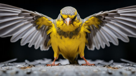 a tiny bird with its wings spread, showcasing the vibrant yellow and gray color palette reminiscent of the dusseldorf school of photography. the image captures a strong facial expression and bold colors, characteristic of mitch griffiths' style. the low-angle shot adds a unique perspective to this captivating portrayal of the bird. ai generatedの素材
