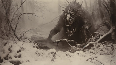 a creature with snow-covered back perches among the trees, reminiscent of the artistic styles of nick alm, spiky mounds, berndnaut smilde, and ben wooten. the image captures the essence of mythological iconography, evoking a sense of wonder and mystery. shot in large format film, this photograph exudes a timeless quality reminiscent of the early 1900s. ai generatedの素材
