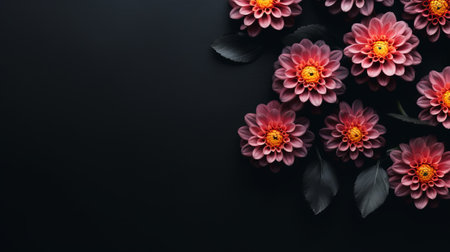 pink dahlia flower on a black background, featuring a minimalist style. the flower stands out against the dark black and dark amber hues, creating a striking contrast. the matte photo showcases the intricate details of the colorful woodcarvings, adding depth and texture to the composition. ai generatedの素材