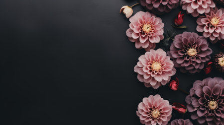 flowers and leaves are arranged on a dark background, showcasing a soft and muted color palette. the image features dark pink and black hues, creating a bold and captivating visual. with an asian-inspired and vintage-inspired aesthetic, this uhd photo embodies the essence of poetcore, offering a unique and artistic composition. ai generatedの素材