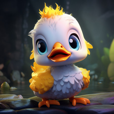 a small white and yellow duck, created in the style of zbrush, sits gracefully on a bed of rocks. this charming character illustration showcases flickering light effects, adding a touch of magic to the scene. with elements of dinopunk and concept art, this eye-catching artwork captures the essence of adorable and captivating characters. ai generatedの素材