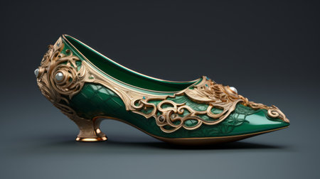 gold and green high heel shoes inspired by the aesthetic movement and the qing dynasty. these 3d printable shoes feature realistic and hyper-detailed renderings, reminiscent of the style of artists like heather theurer, grzegorz domaradzki, and delphin enjolras. the design combines ornate simplicity with a touch of elegance. ai generatedの素材