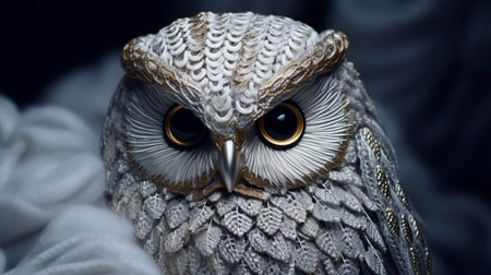 a white and gray owl perched between two contrasting shadows, captured with an eye-catching vintage lens. the image showcases intricate details and precisionist craftsmanship, with a touch of dark gold and silver tones. this close-up shot highlights the owl's beauty and the artistry of the detailed miniatures created using zbrush. ai generatedの素材