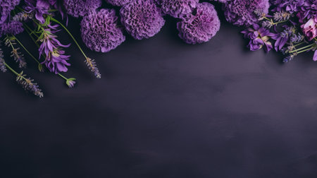 purple lavender flowers arranged in an intricate style on a dark green background, creating a minimalist still life reminiscent of henri le fauconnier's work. the dark purple and light navy hues add depth to the image, while the dark purple and dark gray color palette creates a bold and captivating visual. this high-resolution uhd image offers ample copy space for creative projects. ai generatedの素材