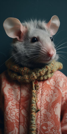 a gray furry mouse, resembling a person in a coat, captured in a dreamy portrait style. this eclectic curatorial photo showcases a unique blend of pink and orange hues, with high detail and a cranberrycore aesthetic. the use of provia film enhances the dark green and beige tones, creating a visually captivating image. ai generatedの素材