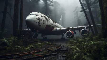 a plane sits on a runway in the woods, showcasing post-apocalyptic themes. this photo, created using photo-realistic techniques in 8k resolution, captures an eerily realistic and evocative scene. the surroundings are soggy, adding to the ghostcore atmosphere of this environmental portrait. ai generatedの素材