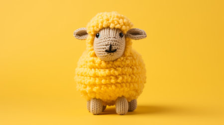 a stuffed sheep, in the style of knitted and crocheted, sits on a vibrant yellow background. the photo showcases the bold structural designs and dynamic color combinations of the sheep. captured with a tamron 24mm f/2.8 di iii osd m12 lens, the image highlights the smooth and shiny texture of the intertwining materials. created by the talented artist alena aenami. ai generatedの素材